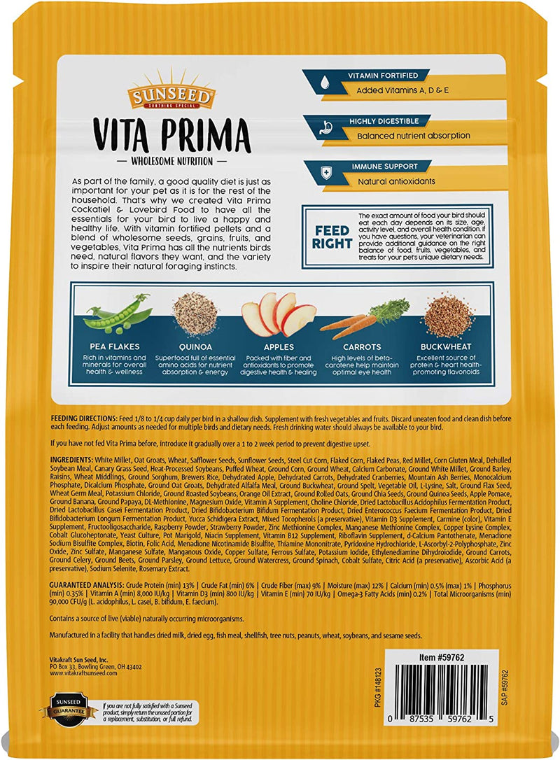 Sunseed Vita Prima Wholesome Nutrition Cockatiel & Lovebird Food, 3 LBS Animals & Pet Supplies > Pet Supplies > Bird Supplies > Bird Food Sun Seed   