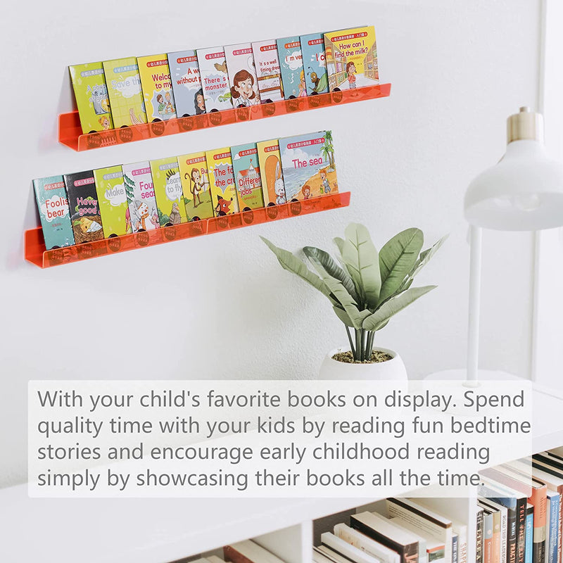 MITIME 4 Pack 15 Inch Acrylic Invisible Kids Floating Bookshelf for Kids Room,Clear Acrylic Picture Ledge Vinyl Record Display Shelf Nail Polish Holder With. (4, Clear Red) Furniture > Shelving > Wall Shelves & Ledges MITIME   