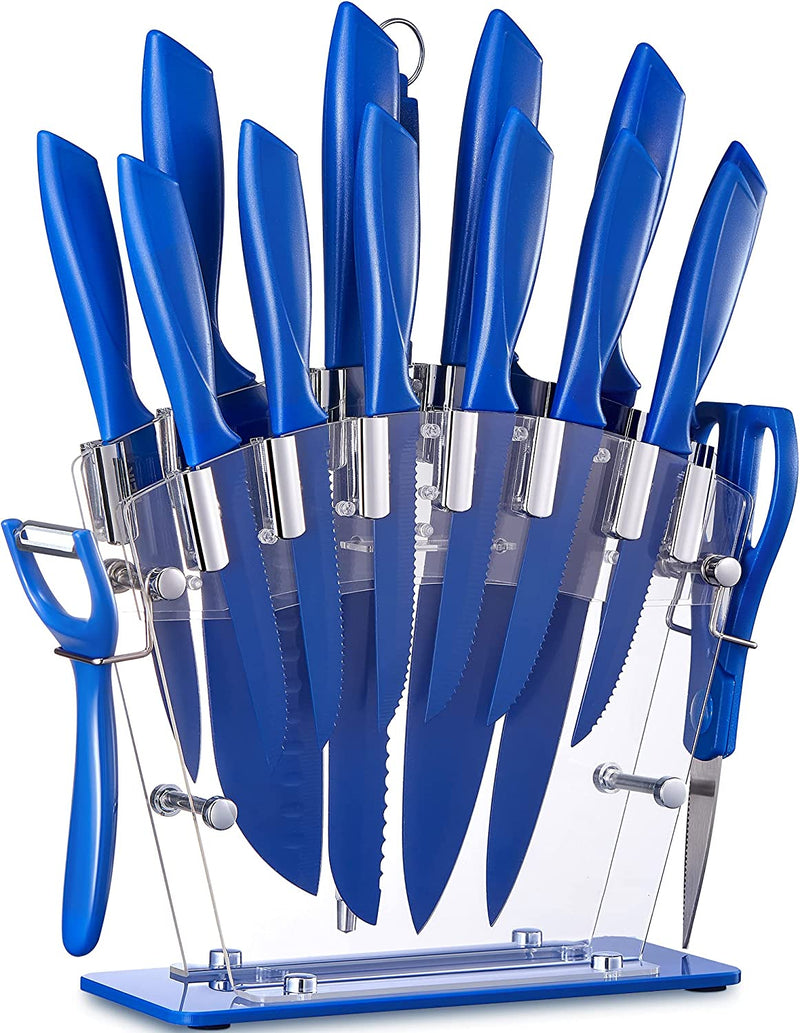 Knife Set, No Rust 16 Pieces Knives Set , Knife Block Set with Easy Clean Acrylic Stand, Super Sharp Kitchen Knife Set with a Vegetable Peeler, Blue Home & Garden > Kitchen & Dining > Kitchen Tools & Utensils > Kitchen Knives KDIK Blue 16 PCS 