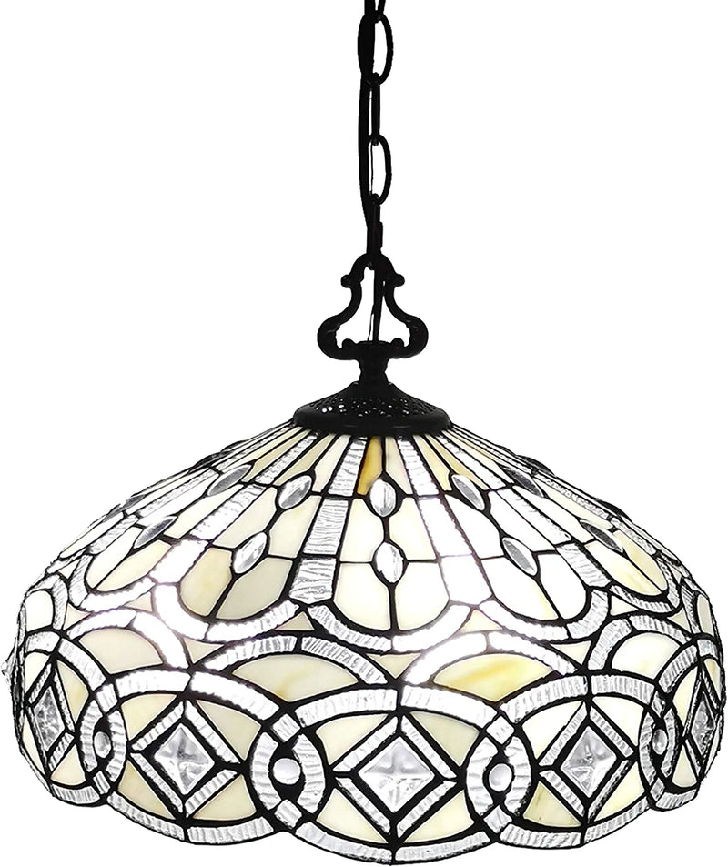 Tiffany Style Hanging Pendant Lamp 16" Wide Stained Glass White Jeweleds Beads Mahogany Antique Vintage Light Decor Restaurant Game Living Dining Room Kitchen Gift AM295HL16B Amora Lighting