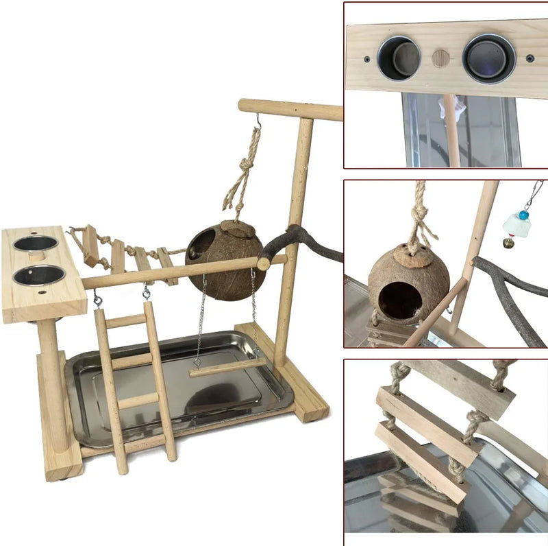 Hamiledyi Parrot Playground Bird Playstand Wood Perch Gym with Feeder Cups Toys Cockatiel Nest with Ladder for Conure Lovebirds