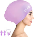 Women Silicone Swimming Cap, High Elasticity Thick Swim Hats for Long Hair, Bathing Swimming Caps for Women and Men Keep Your Hair Dry, with Ear Plugs and Nose Clip, Easy to Put on and Off Sporting Goods > Outdoor Recreation > Boating & Water Sports > Swimming > Swim Caps china purple  