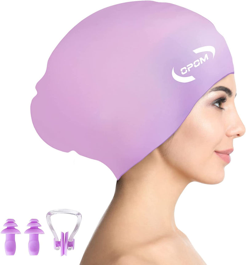 Women Silicone Swimming Cap, High Elasticity Thick Swim Hats for Long Hair, Bathing Swimming Caps for Women and Men Keep Your Hair Dry, with Ear Plugs and Nose Clip, Easy to Put on and Off Sporting Goods > Outdoor Recreation > Boating & Water Sports > Swimming > Swim Caps china purple  