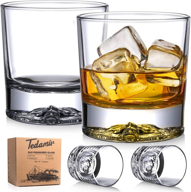 Set of 4 Whiskey Glass with Gift Box, 10 Oz Classic Rocks Barware Old Fashioned Glasses for Scotch Cocktail Whisky Rum Cognac Vodka Liquor Home & Garden > Kitchen & Dining > Barware Tedamir Carved Wolf Pattern  