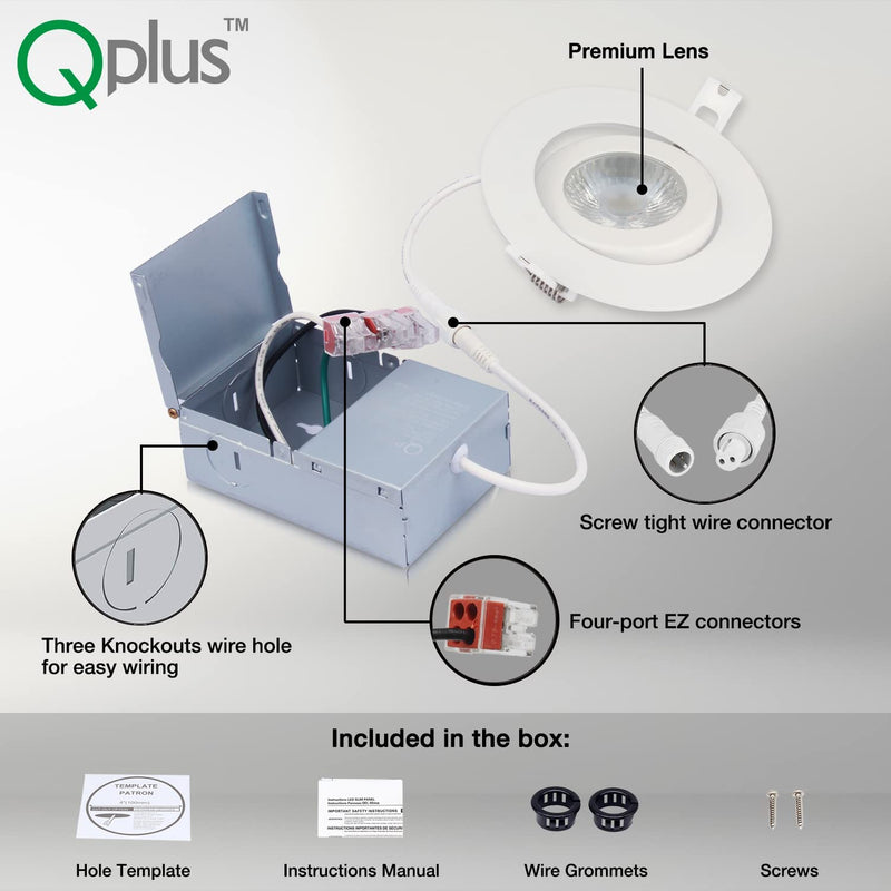 QPLUS 4 Inch Ultra-Thin Adjustable Eyeball Gimbal LED Recessed Lighting with Junction Box/Canless Downlight, 10 Watts, 750Lm, Dimmable, Energy Star and ETL Listed (5000K Day Light, 12 Pack) Home & Garden > Lighting > Flood & Spot Lights QPLUS   