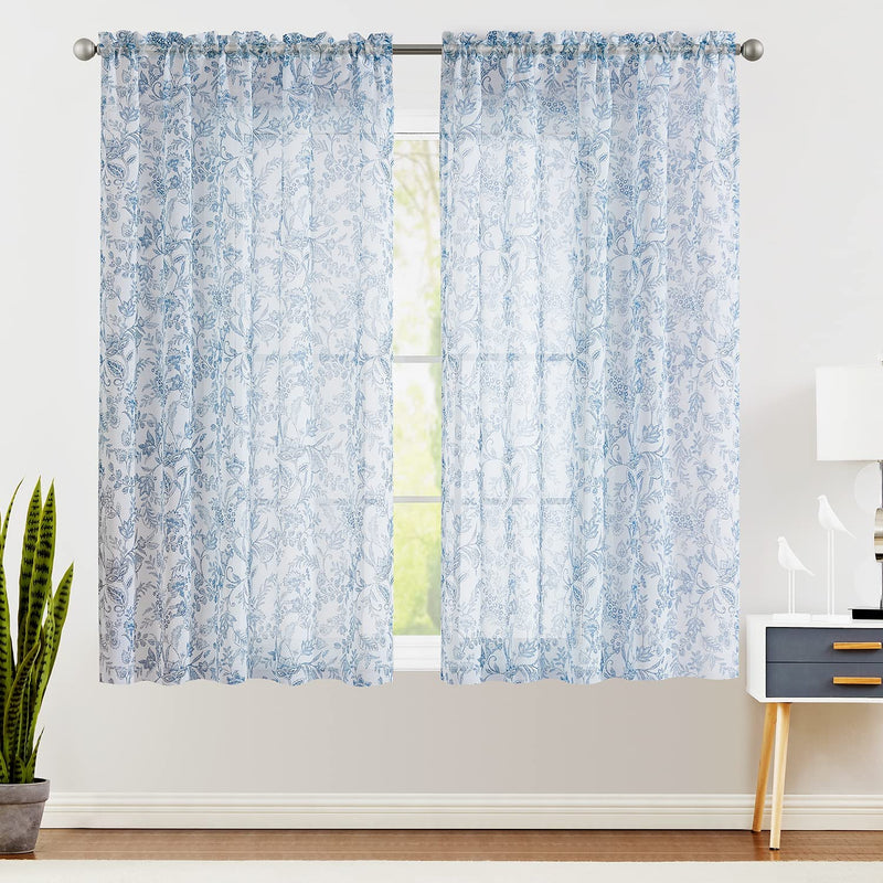 Lazzzy Sheer Curtains 63 Inch Length 2 Panels Set Farmhouse Floral Curtains Living Room Laundry Room Dining Room Bedroom Curtains Window Treatments Rustic Semi Sheer Curtains Rod Pocket Blue on White Home & Garden > Decor > Window Treatments > Curtains & Drapes Lazzzy   
