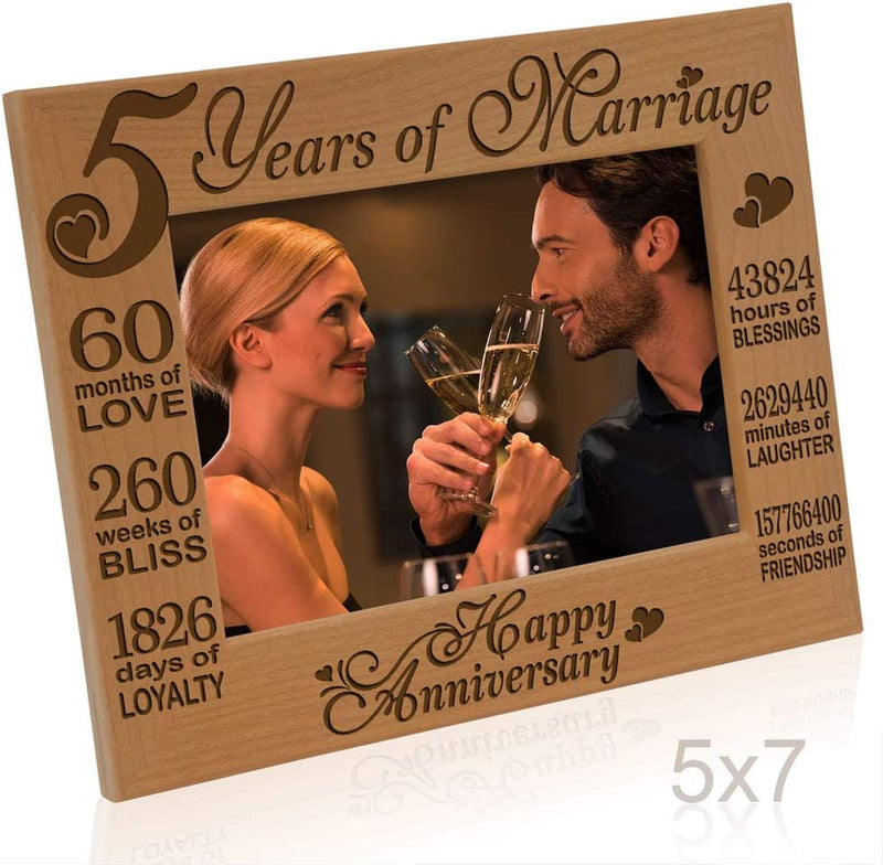 KATE POSH - 5 Years of Marriage Photo Frame - Happy 5Th Wood - Engraved Natural Solid Wood Picture Frame (5X7-Horizontal) Home & Garden > Decor > Picture Frames Kate Posh   