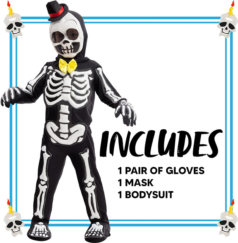 Spooktacular Creations Glows in the Dark Skeleton Costume, Black Skelebones Jumpsuit, Bone Halloween Costume for Toddler, Kids, Boys-S(5-7Yr)