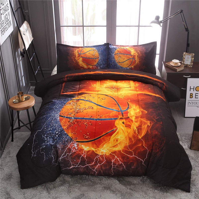 NTBED Basketball Comforter Sets Twin for Boys Teens, 3-Pieces Sports Bedding (1 Basketball Comforter with 2 Pillow Shams),Reversible Fire Printed Quilt Set
