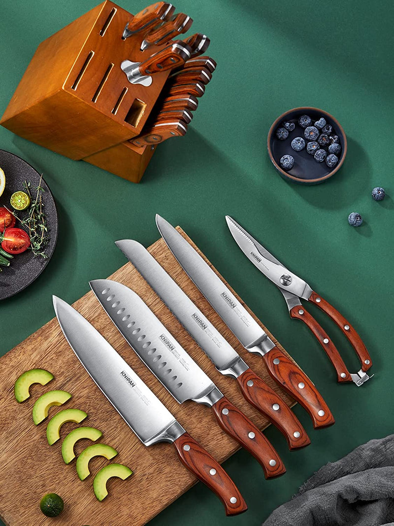 Knipan Kitchen Knife Sets with Block, 16PCS Professional Stainless Steel Forged Chef Knife Block Set, Ultra Sharp Knives with Wood Handle, Brown Home & Garden > Kitchen & Dining > Kitchen Tools & Utensils > Kitchen Knives Knipan   
