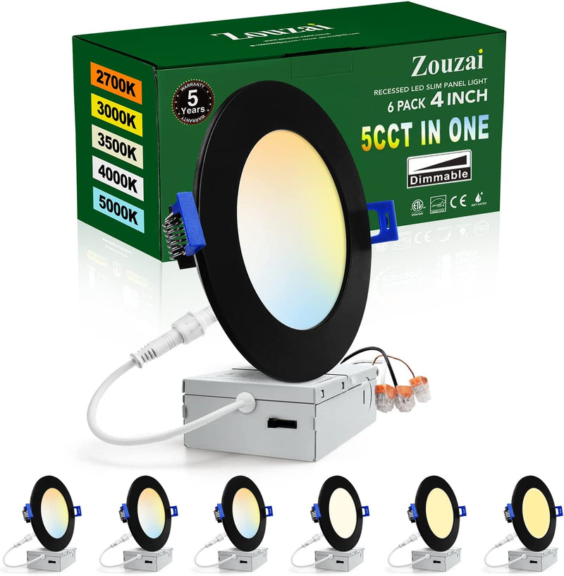 Zouzai 12 Pack 6 Inch 5CCT Ultra-Thin LED Recessed Ceiling Light with Junction Box, 2700K-5000K Selectable, Dimmable Led Downlight，13W Eqv 120W, Led Can Lights- ETL Home & Garden > Lighting > Flood & Spot Lights zouzai 6 Pack Black 5CCT 4 Inch 