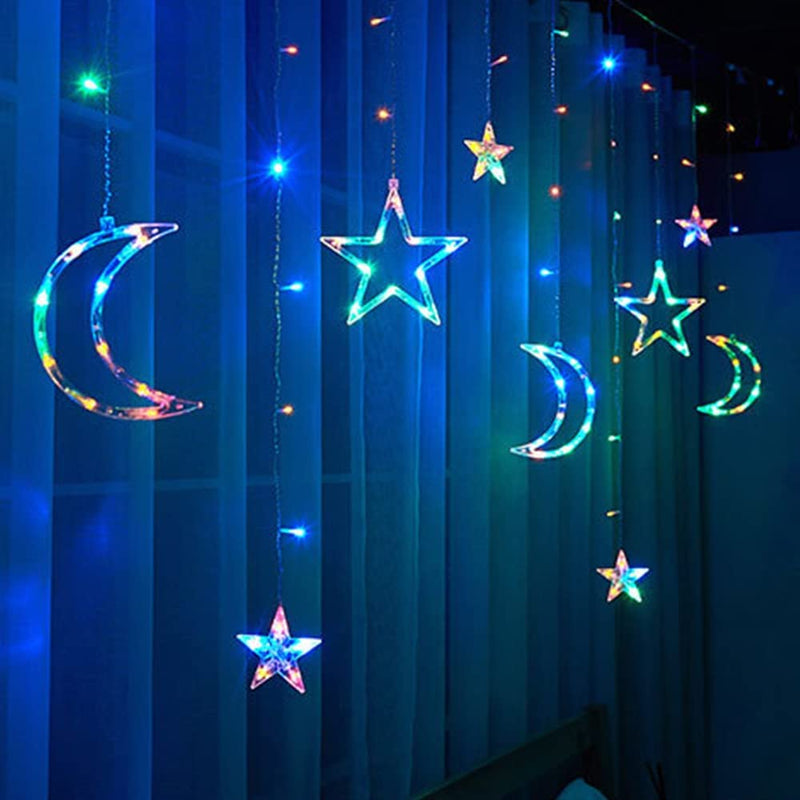 138 Leds Curtain Lights, 11.5FT Christmas Moon Star Window Fairy String Lights,Usb and Battery Powered for Indoor Window, Kid Bedroom, Patio, Front Porch, Camping, Guest Room Decoration, Multicolor