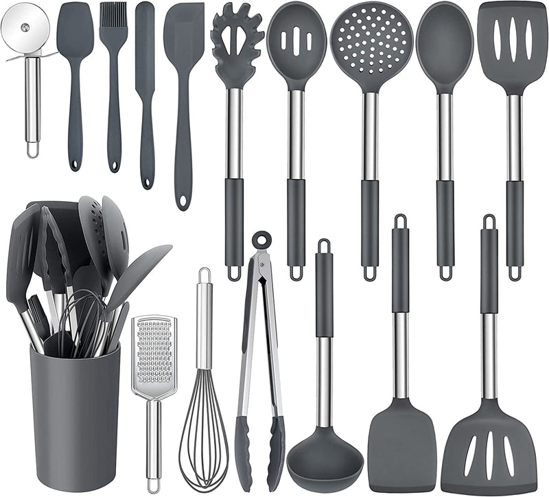 Homikit 17 Pieces Silicone Kitchen Utensils with Holder, Blue Cooking Utensils Sets Stainless Steel Handle, Nonstick Kitchen Tools Include Spatula Spoons Turner Pizza Cutter, Heat Resistant Home & Garden > Kitchen & Dining > Kitchen Tools & Utensils Homikit Gray  