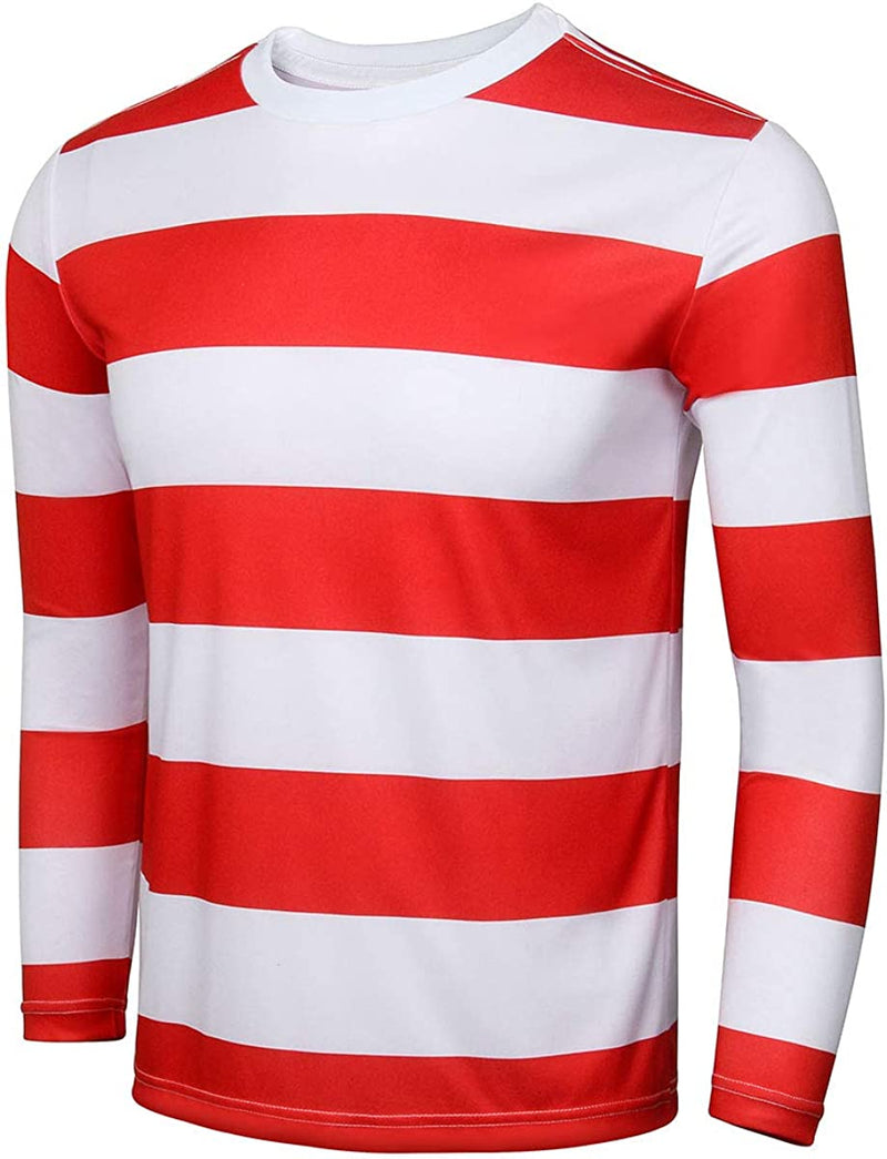 Adult Men Red and White Striped Tee Shirt Glasses Hat Outfit Suit Set Halloween Cosplay Costume Party Props  FOCUSOUL   