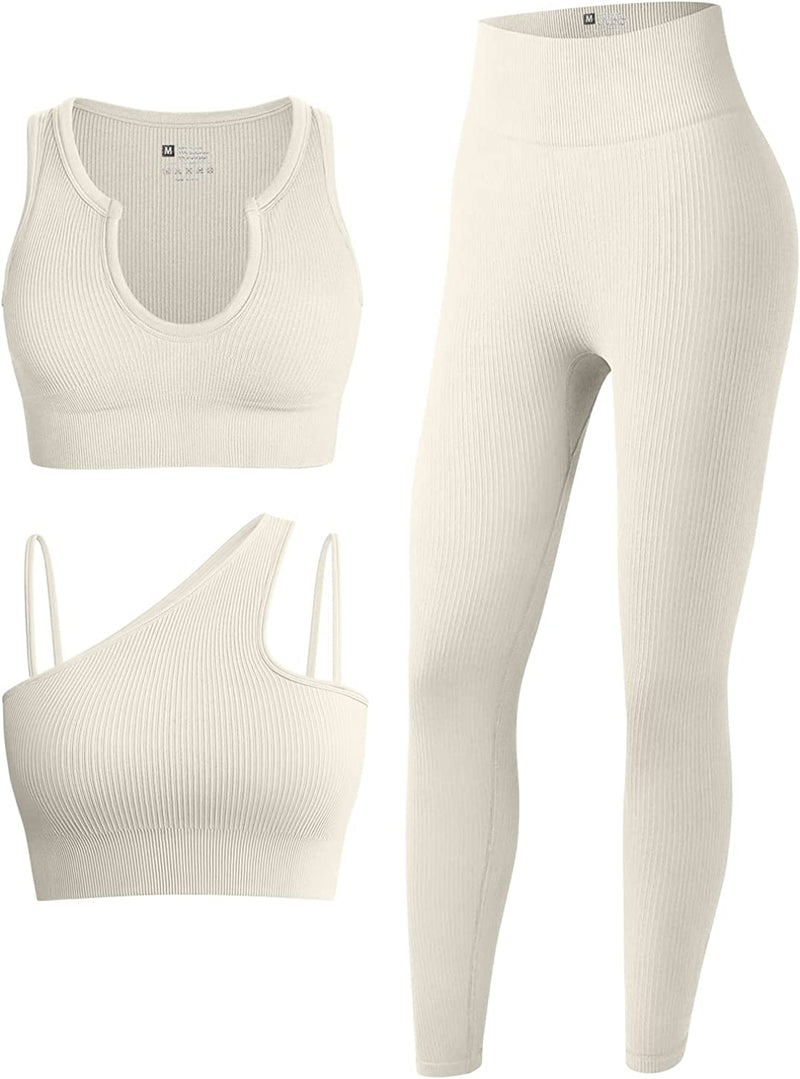 OQQ Women'S 3 Piece Outfits Ribbed Seamless Exercise Scoop Neck Sports Bra One Shoulder Tops High Waist Leggings Active Set Sporting Goods > Outdoor Recreation > Winter Sports & Activities OQQ Beige1 Small 