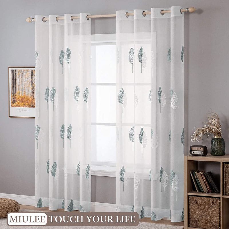 MIULEE 2 Panels Leaves Embroidery Sheer Curtains Grommet Window Curtain Semi Voile Drapes Panels for Living Room Bedroom 54" W X 84" L (White and Blue) Home & Garden > Decor > Window Treatments > Curtains & Drapes MIULEE   