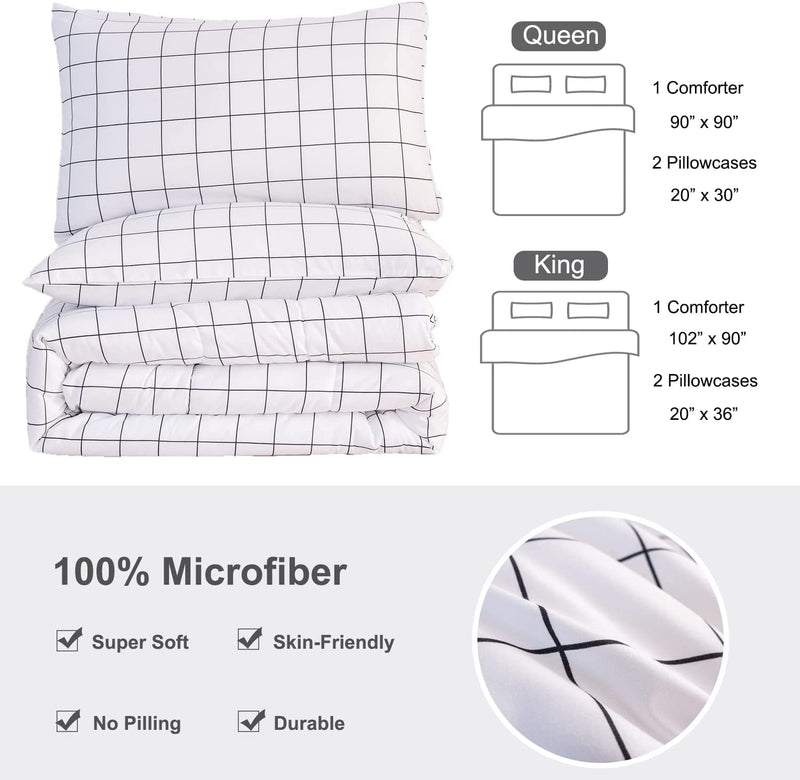 PERFEMET White Grid Queen Comforter Set Geometric Checkered Plaid Bedding Sets Farmhouse Rustic Bed Quilt Set for Teens Boys Girls (Black and White, Queen Size) Home & Garden > Linens & Bedding > Bedding PERFEMET   