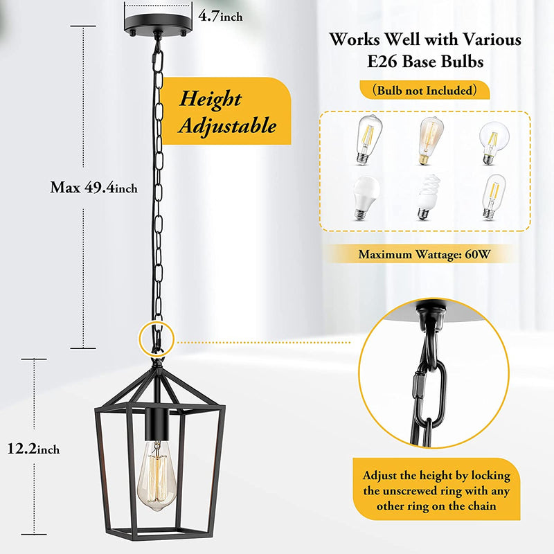 Farmhouse Black Pendant Light for Kitchen Island Industrial Hanging Lantern Fixture Modern Metal Cage Lamp Chandelier Lighting for Dinning Room Hallway, 49In Adjustable Chain for Flat & Sloped Ceiling Home & Garden > Lighting > Lighting Fixtures BesLowe   