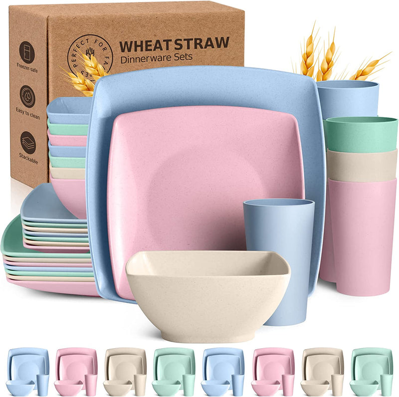 Teivio 32-Piece Kitchen Wheat Straw Square Dinnerware Set, Service for 8, Dinner Plates, Dessert Plate, Cereal Bowls, Cups, Unbreakable Plastic Outdoor Camping Dishes, Multicolor