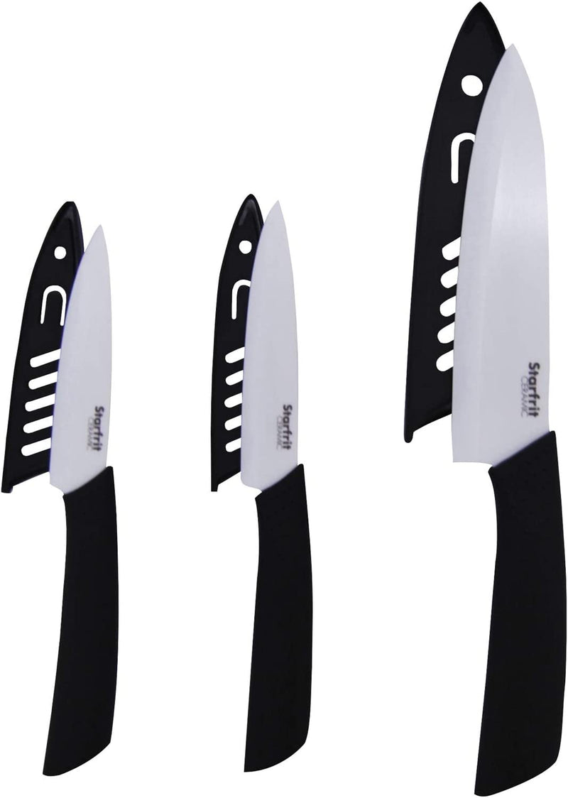Starfrit 092854-006-0000 3-Piece Ceramic Knife Set with Blade Covers, Black/White, Standard