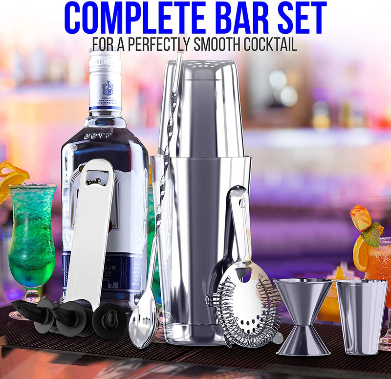 Nutrichef Mixology Bartender Cocktail Shaker Set - 15 & 30 Oz Stainless Steel Cocktail Bar Set Mix Drink Shaker Kit - Essentials Martini Making Kit Drink Mixing Starter Set - NCCS15PC (15 Piece Set)