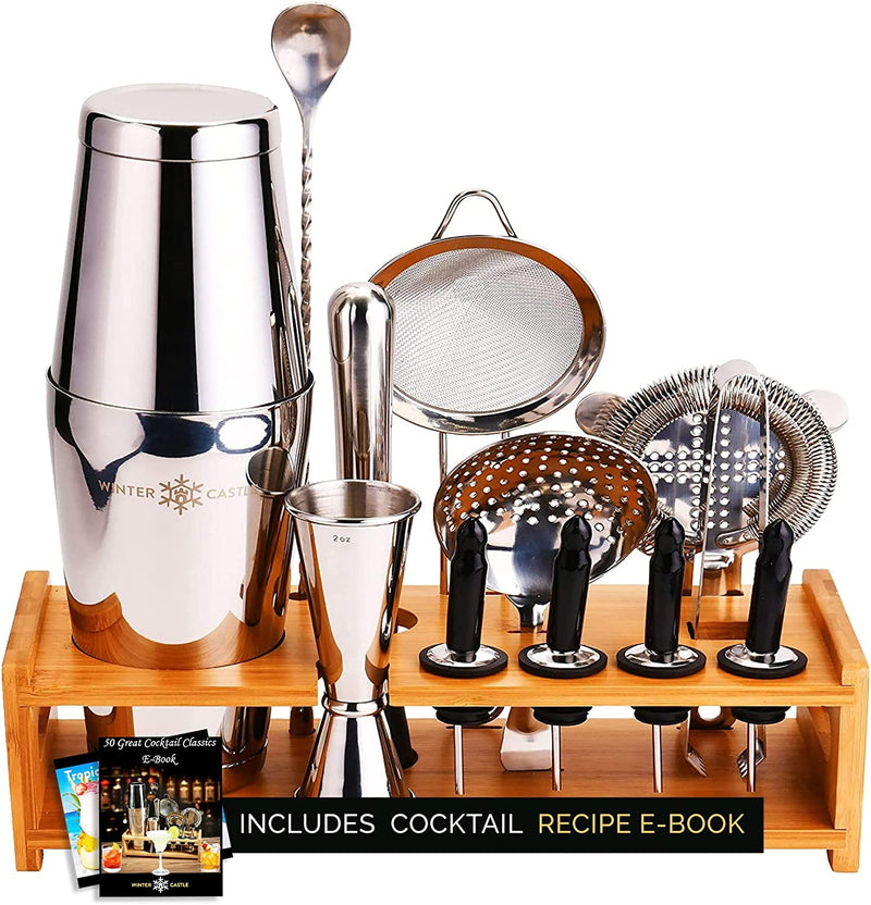 Cocktail Shaker Set 18 Piece, Mixology Equipment, All-In-One Cocktail Set, Drink Shaker, Strainers and Essential Bar Tools, Bar Set for Beginner & Professional Use, Silver - Wintercastle Enterprises