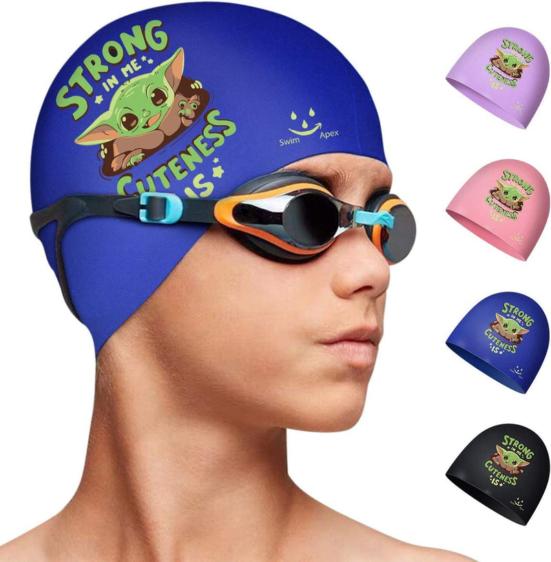 Swim Apex Swim Cap for (Age 2-13) Kids, Durable Silicone Swimming Cap for Kids Youths, Comfortable Fit for Long Hair and Short Hair with Baby Yoda Print (Blue) Sporting Goods > Outdoor Recreation > Boating & Water Sports > Swimming > Swim Caps Swim Apex   