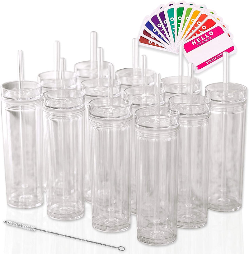SKINNY TUMBLERS 12 Clear Acrylic Tumblers with Lids and Straws | Skinny, 16Oz Double Wall Clear Plastic Tumblers with FREE Straw Cleaner & Name Tags! Reusable Cup with Straw (Clear, 12) Home & Garden > Kitchen & Dining > Tableware > Drinkware STRATA CUPS 12 Count (Pack of 1)  