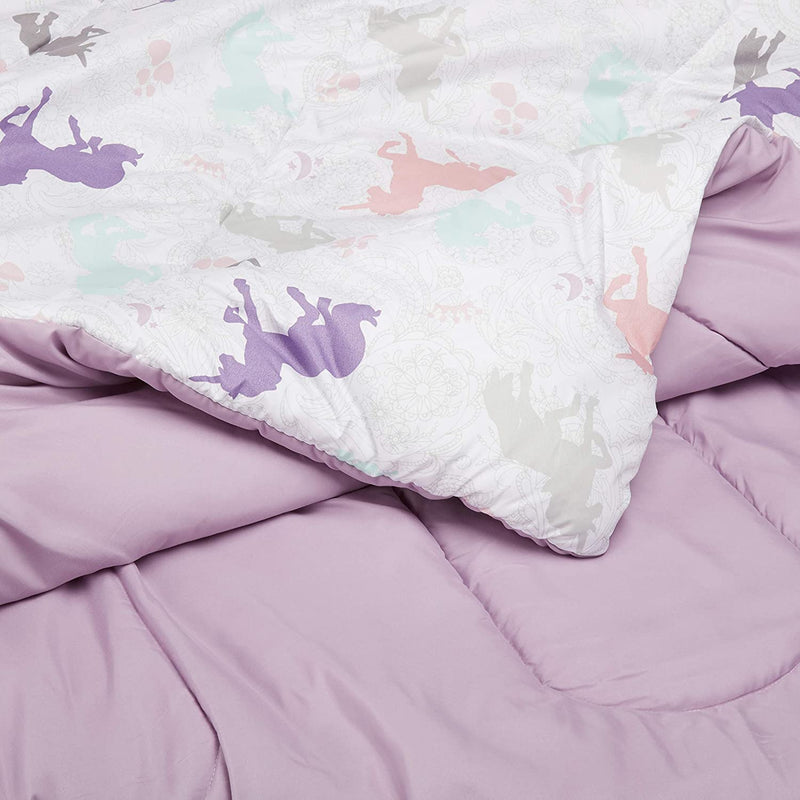 Kids Bed-In-A-Bag Microfiber Bedding Set, Easy Care, Twin, Purple Unicorns - Set of 5 Pieces