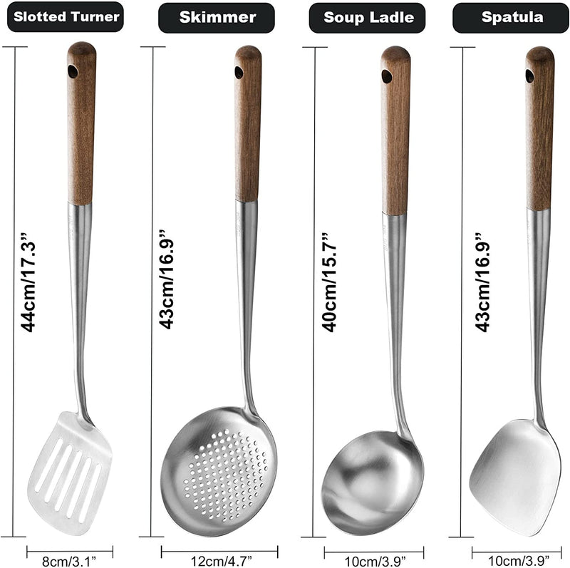 NIITAWH Wok Utensils for Carbon Steel, Stainless Steel Wok Spatula Metal, 4-Pieces 17 Inch Extra Long, Wok Tools Professional Set, Wooden Handle Skimmer, Soup Ladle, Slotted Turner Home & Garden > Kitchen & Dining > Kitchen Tools & Utensils NIITAWH   