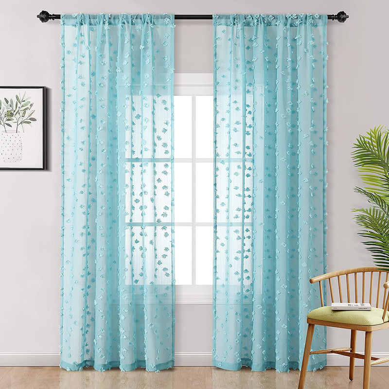 MYSKY HOME Pink Pom Pom Sheer Curtains for Bedroom Light Filtering Semi-Sheer Curtains for Nursery Girls Kids Room Rod Pocket Boho Voile Window Draperies Pink 38 X 45 Inch 2 Panels Home & Garden > Decor > Window Treatments > Curtains & Drapes MYSKY HOME Teal 54W x 84L 