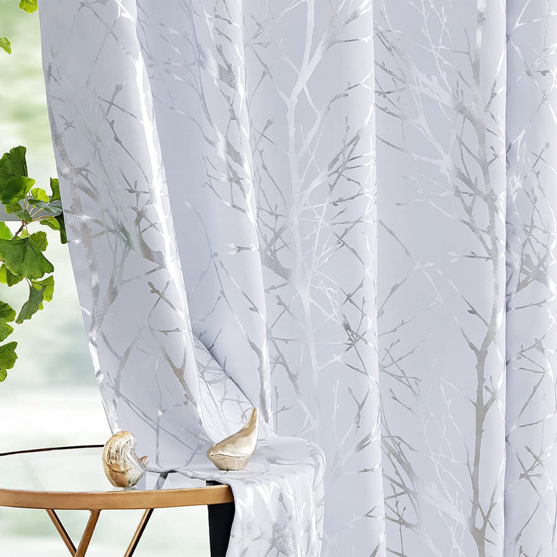 FMFUNCTEX Branch Grey Blackout Curtain Panels for Bedroom 84" Foil Gold Tree Branch Window Curtains Metallic Print Energy Efficient Thermal Curtain Drapes for Guest Living Room Grommet Top 2 Panels Home & Garden > Decor > Window Treatments > Curtains & Drapes FMFUNCTEX Silver /White 50" x 84"L 