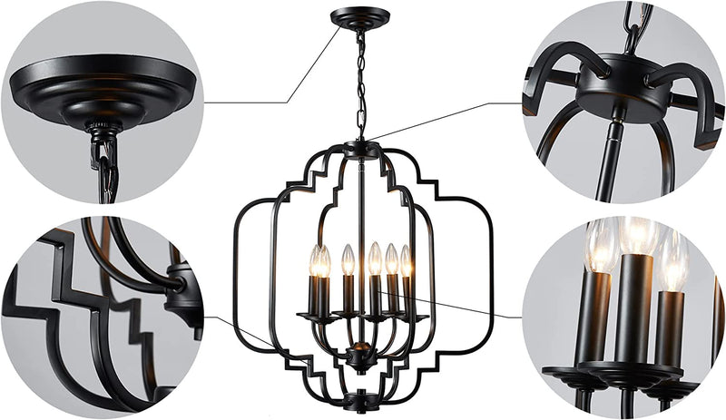 Saint Mossi Black Farmhouse Chandelier with 6 Lights,Lantern Metal Pendant Lighting for Dining Room,Living Room,Kitchen,Foyer,W23 X H26 with Adjustable Chain Home & Garden > Lighting > Lighting Fixtures > Chandeliers Saint Home   