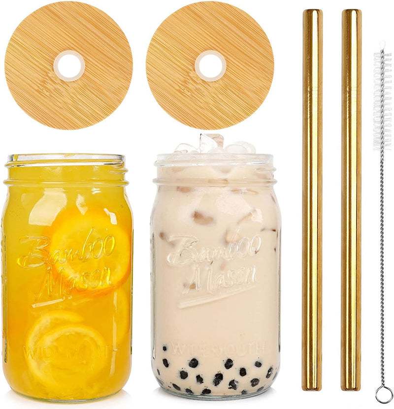 Mason Jar with Lid and Straw, ANOTION 32Oz Wide Mouth Boba Cup Reusable Drinking Glasses Tumbler Smoothie Water Bottles for Iced Coffee Margaritas Ice Cream Juice Cocktail Travel Office Home Home & Garden > Kitchen & Dining > Tableware > Drinkware ANOTION 2 32OZ Jars: Upgrade Bamboo Lid+Golden Straw  