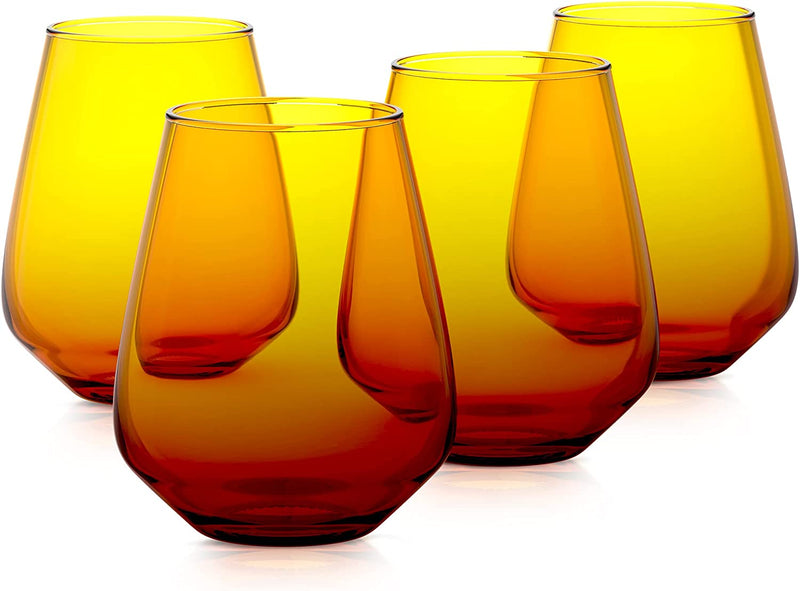 Rakle Stemless Wine Glasses – Set of 4 Red Colored Wine Glasses – 14.3Oz Colorful Wine Glasses – Lead-Free Premium Glass – Stemless Drinking Glasses for Cocktails, Wine, Bar Drinks Home & Garden > Kitchen & Dining > Tableware > Drinkware RAKLE Amber Gradient  