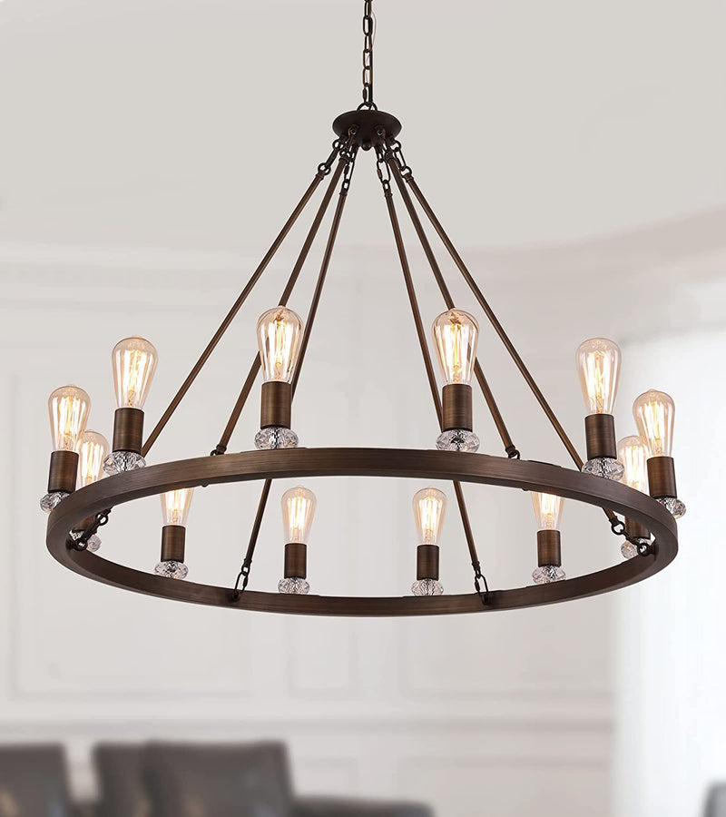 MEIXISUE Large Modern Wagon Wheel Chandelier Gold Metal round Luxury Industrial Country Chandelier Light Fixture for Dining Room Living Room Foyer Entryway W40.55 12-Lights UL Listed Home & Garden > Lighting > Lighting Fixtures > Chandeliers MEIXI 12-Lights brown  