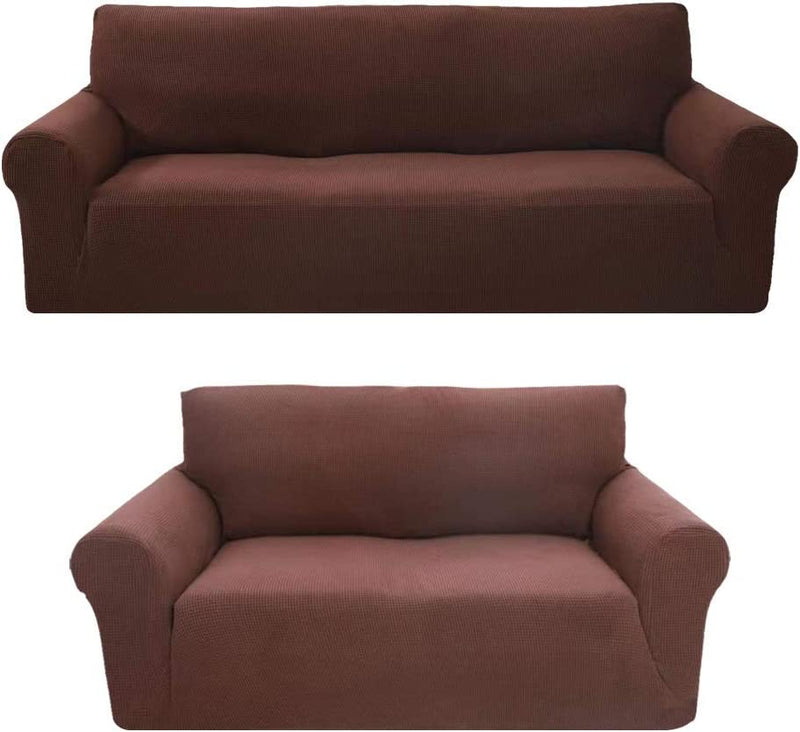 Sapphire Home 3-Piece Brushed Premium Slipcover Set for Sofa Loveseat Couch Arm Chair, Form Fit Stretch, Wrinkle Free, Furniture Protector Set for 3/2/1 Cushion, Polyester Spandex, 3Pc, Brushed, Brown Home & Garden > Decor > Chair & Sofa Cushions Sapphire Home Brown 2pc set (Sofa, Love) 