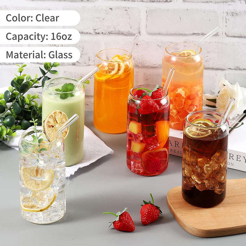 Drinking Glasses with Glass Straw 6 Set, 16Oz Beer Glasses Can Shaped Glass Cups, Tumbler Cup, Iced Coffee Glasses, Ideal for Whiskey, Soda, Tea, Great Gift + 2 Cleaning Brushes Home & Garden > Kitchen & Dining > Tableware > Drinkware CWHHRN   