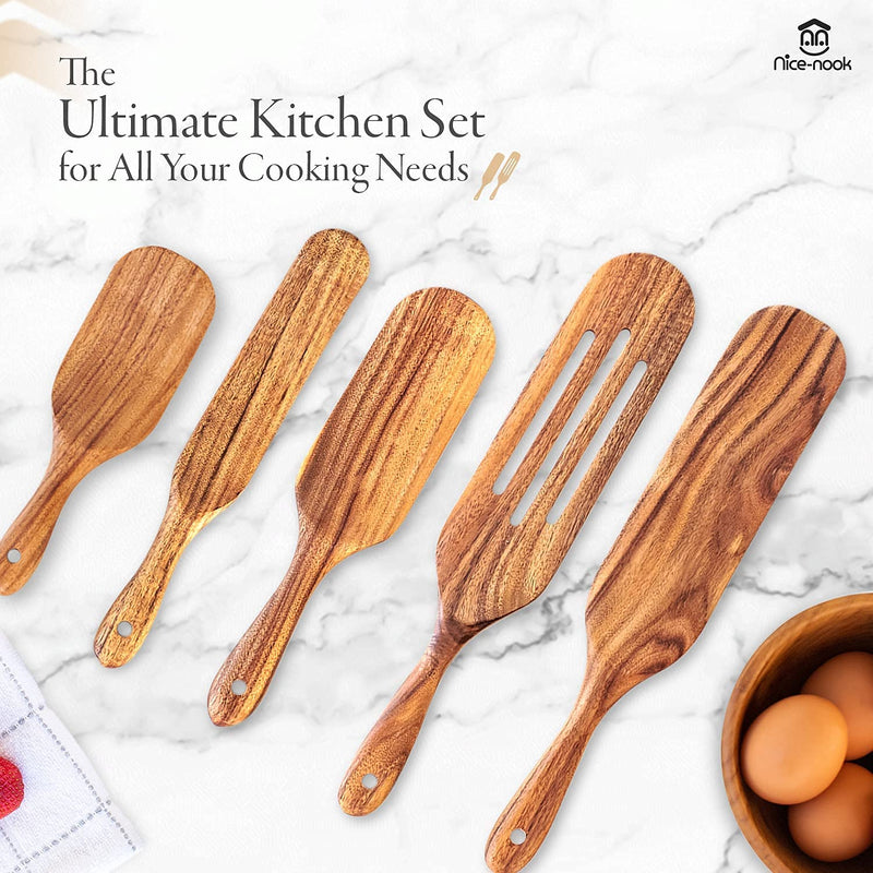 Spurtle Set -Spurtles Kitchen Tools as Seen on TV- Nice-Nook 5Pc Wooden Spoons for Cooking Made with Premium Teak Wood-Cookware Utensils for Non Stick Good for Scooping, Spreading, Serving and More. Home & Garden > Kitchen & Dining > Kitchen Tools & Utensils Nice-nook   