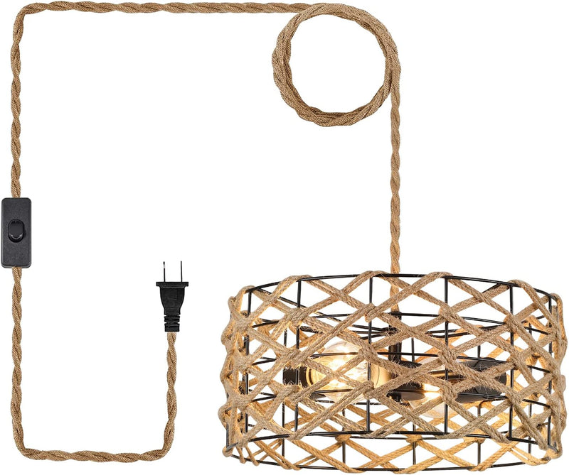 AMZASA Plug in Pendant Light Boho Woven Haning Lamp with 14.8FT Hemp Rope Cord,On/Off Switch Wicker Rattan Black Drum Cage Farmhouse Rustic Chandelier for Bedroom Living Room Dining Room Home & Garden > Lighting > Lighting Fixtures ASA 2 Lights Plug in Pendant Light  
