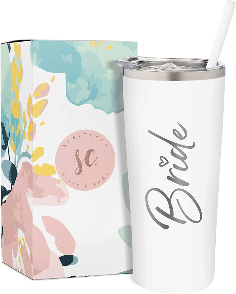 Sassycups Bride Tumbler Cup | Vacuum Insulated Stainless Steel Drink Cup with Straw for Bride to Be | Engagement Glass | Newly Engaged Travel Mug | Future Mrs Bachelorette Cup (22 Ounce, White) Home & Garden > Kitchen & Dining > Tableware > Drinkware BitzyPop White, Engraved  