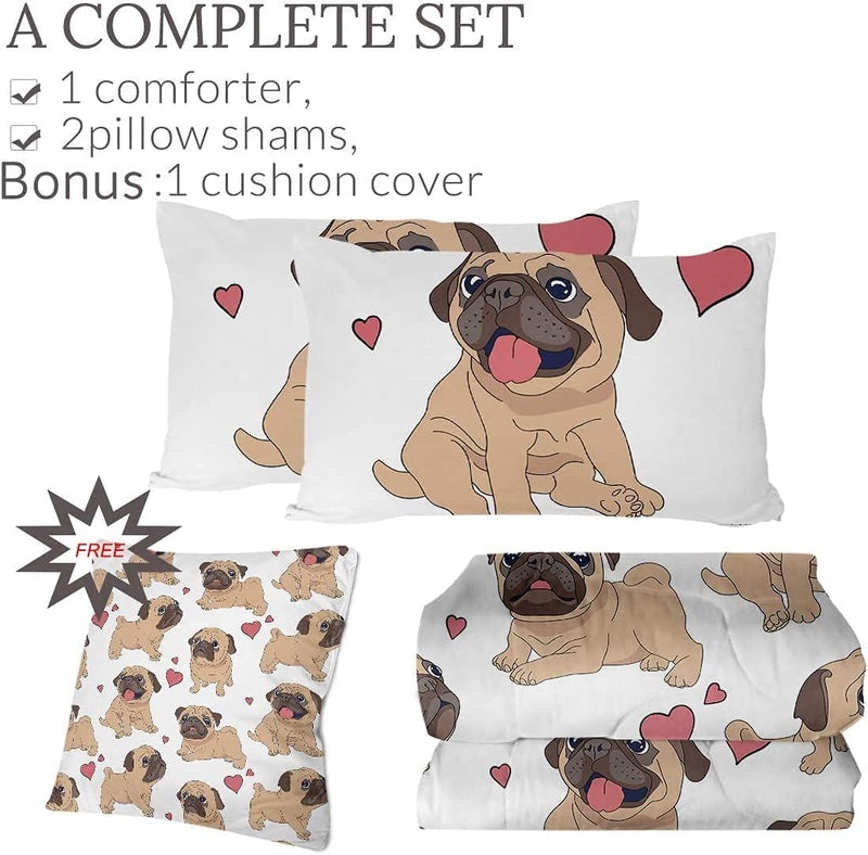 Sleepwish Valentines Day Comforter Set Pug Pink Heart Quilt Set for Queen Bed 4 Piece Dogs Pattern Quilt Sets Cute Animals Bedding Sets with 2 Pillow Shams and 1 Cushion Cover Gifts for Women Him Her Home & Garden > Linens & Bedding > Bedding Youhao   