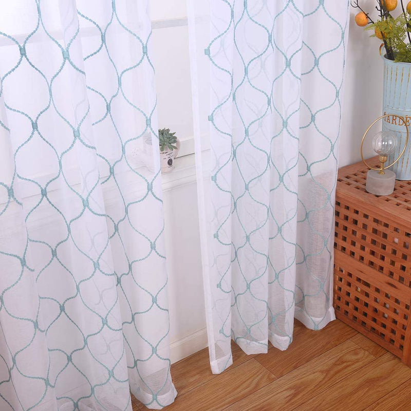 Embroidery Sheer Curtains Blue 84 Inches, Rod Pocket Voile Drapes for Living Room, Bedroom, Window Treatments Wave Diamond Semi Crinkle Curtain Panels for Yard, Patio, Villa, Set of 2, 52"X 84". Home & Garden > Decor > Window Treatments > Curtains & Drapes MYSTIC-HOME Wavy Blue 52"Wx95"L 