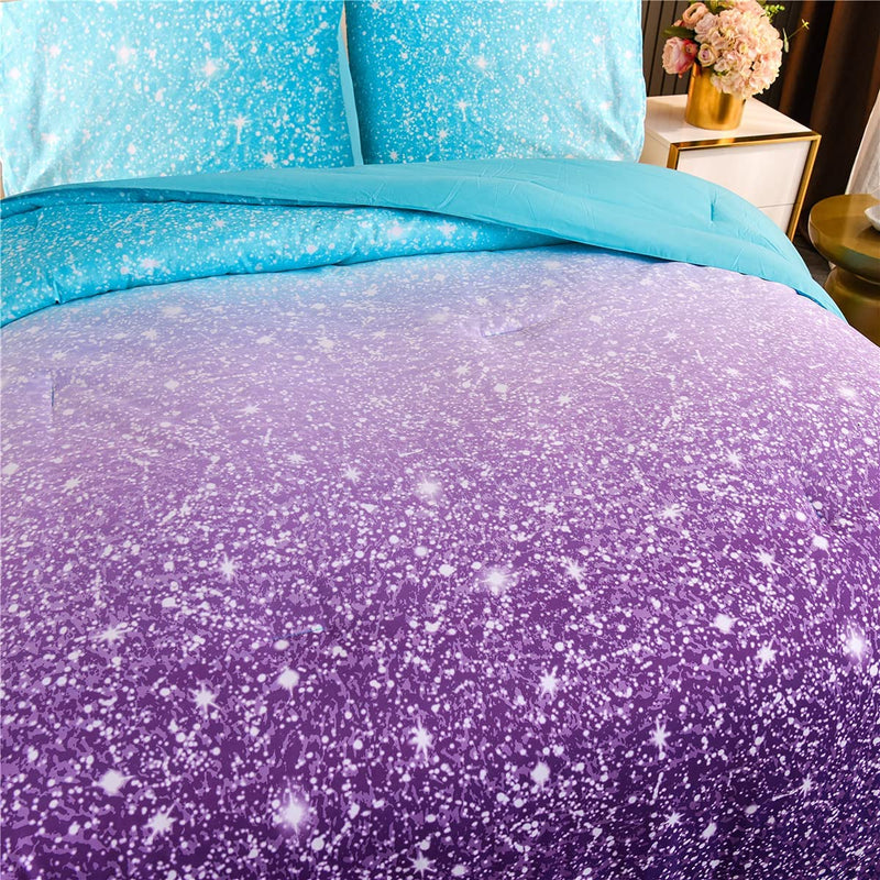 Holawakaka Kids Space Star Glitter Comforter Set Ombre Blue & Purple Print Gradient Bedding Set Full Size (Blue Purple, Full)