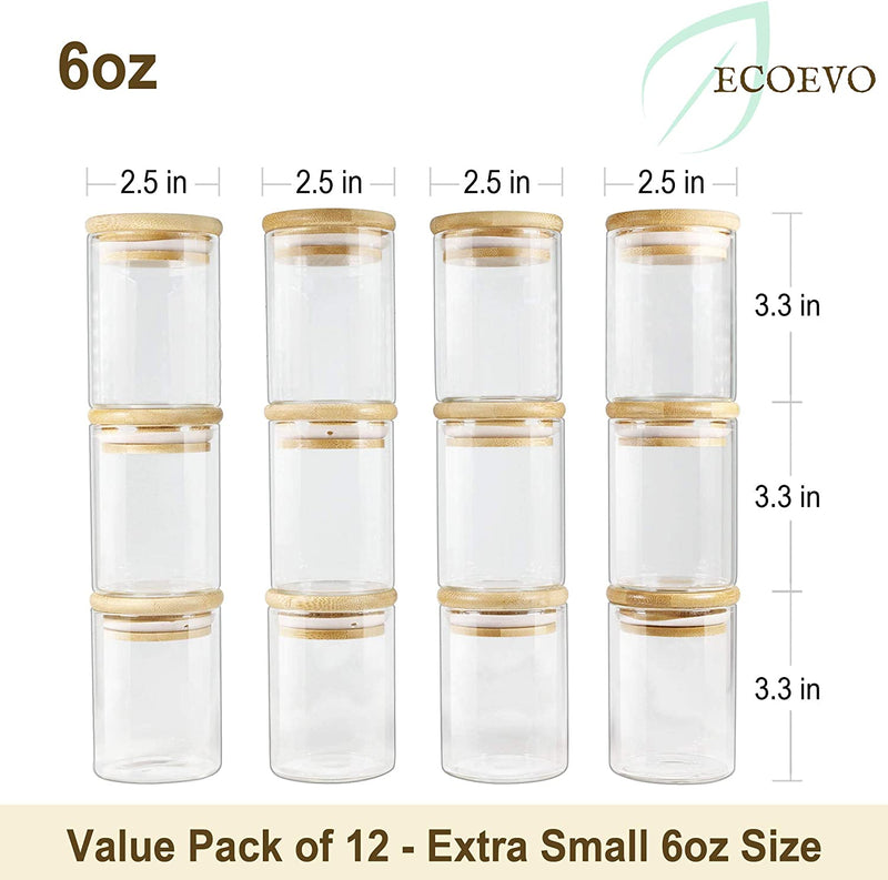 Glass Jars with Bamboo Lids Ecoevo, Glass Spice Jars Set, Glass Food Jars and Canisters Sets, Spice Glass Jars Bottles, Small Food Storage Jars for Spice, Herbs, (6Oz) Home & Garden > Decor > Decorative Jars EcoEvo   