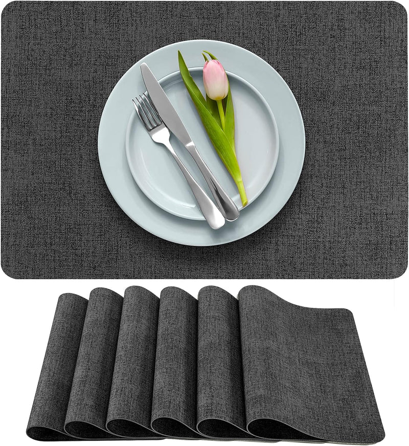 More Décor Faux Leather Placemats for Dining and Kitchen Table - Stain and Heat Resistant, Non Slip, Wipeable, Washable - Set of 6 - Brown  More Decor Dark Grey Leather 4 