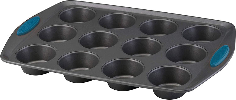 Rachael Ray Yum-O! Nonstick Bakeware 12-Cup Muffin Tin with Grips / Nonstick 12-Cup Cupcake Tin with Grips - 12 Cup, Gray with Red Grips Home & Garden > Kitchen & Dining > Cookware & Bakeware Meyer Corporation Blue Grips 12 Cup 