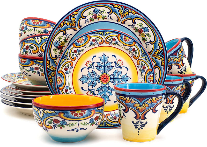 Euro Ceramica Zanzibar Collection 16 Piece Dinnerware Set Kitchen and Dining, Service for 4, Spanish Floral Design, Multicolor, Blue and Yellow Home & Garden > Kitchen & Dining > Tableware > Dinnerware Euro Ceramica Dinnerware Set  