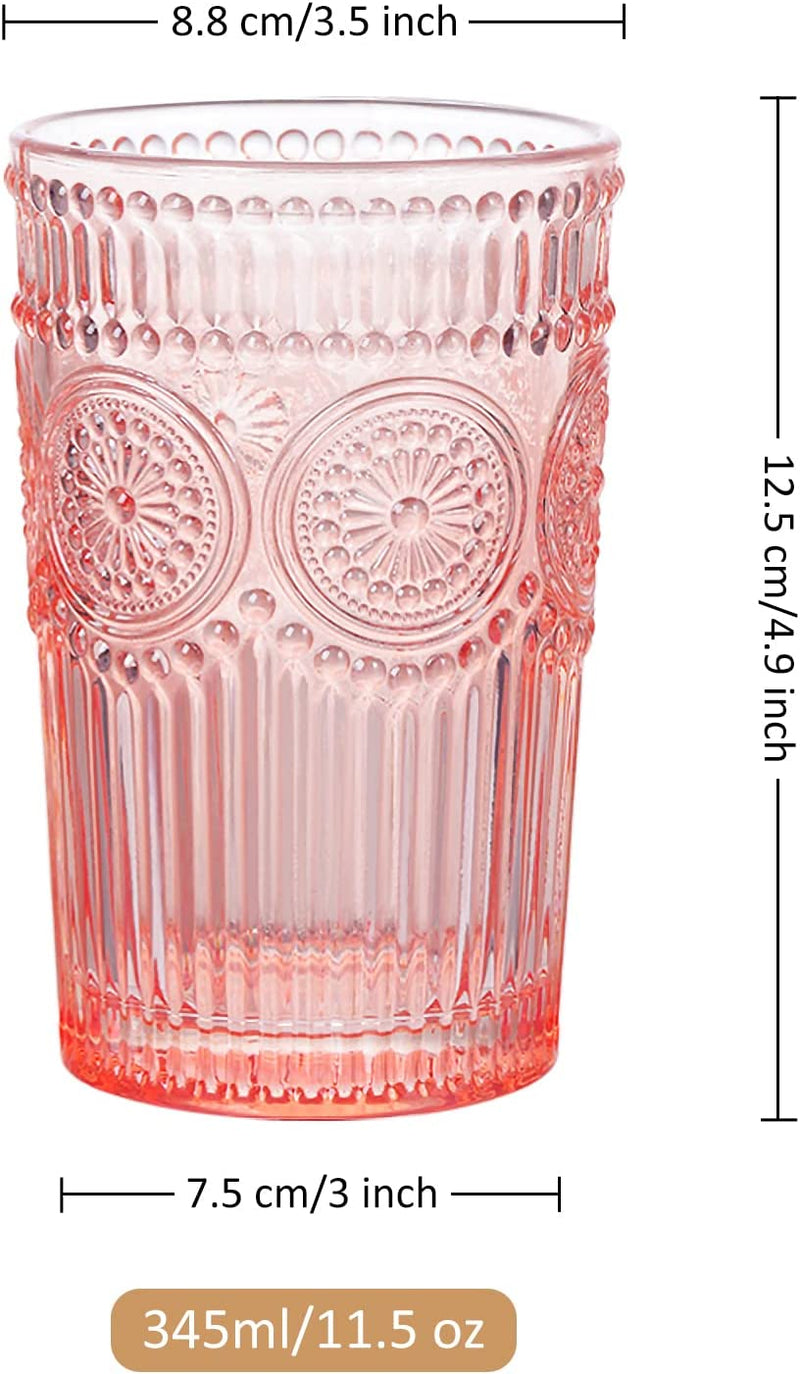 Joeyan Pink Drinking Glass Cups,Flower Embossed Romantic Water Tumblers,Vintage Colored Highball Glassware for Juice Beverage Wine Cocktail,Great for Wedding Party and Home Daily Use,11.5 Oz,Set of 4 Home & Garden > Kitchen & Dining > Tableware > Drinkware Joeyan   