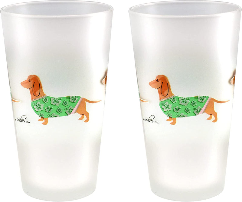 Culver Tropical Decorated Frosted Pint Mixing Glass, 16-Ounce, Gift Boxed Set of 2 (Luau Dachshunds Dogs)
